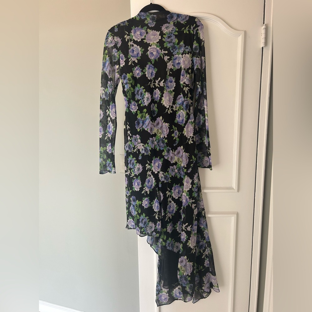 Mango Asymmetrical Floral Dress boasting Purple, Blue, Black, and green.